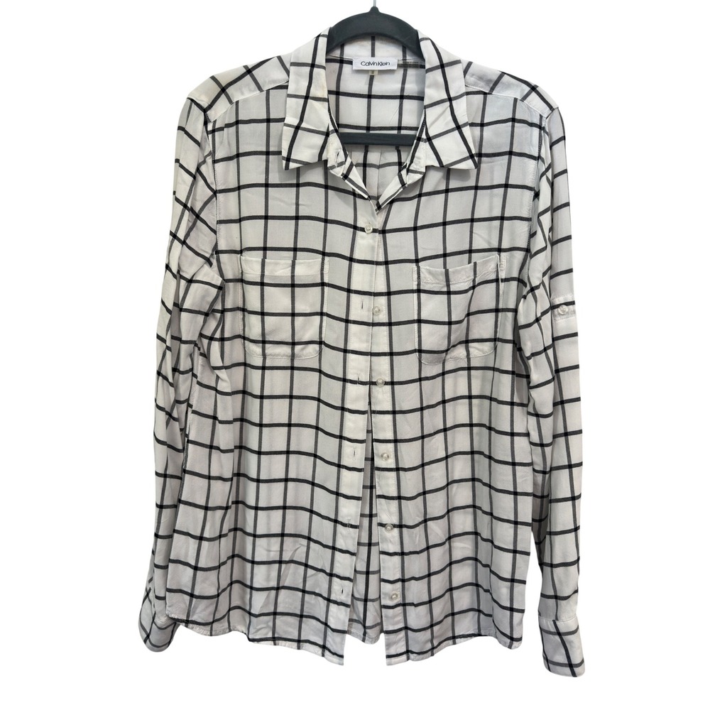 Calvin Klein Button Down Shirt White Black Windowpane Plaid Viscose Size M